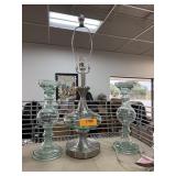 3PC LOT 2 LARGE GLASS CANDLE HOLDERS & LAMP