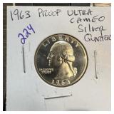 1963 PROOF ULTRA CAMEO SILVER QUARTER