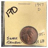 1947-D WHEAT PENNY CENT SUPER RAINBOW