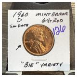 1960-D MEMORIAL PENNY CENT BIE VARIETY ERROR