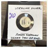 ROGER SHERMAN STERLING SILVER FRANKLIN MINT COIN