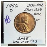 1956-D WHEAT PENNY CENT DDO-002 GEM RED UNC