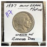 1937 BUFFALO NICKEL STRUC W ROTATED DIES