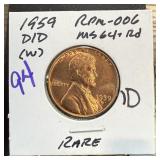 1959-D/D MEMORIAL PENNY CENT RPM-006 RARE