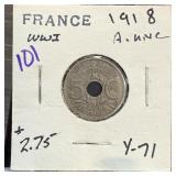 1918 FRANCE WWI 5 CENTIMES