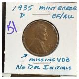 1935-D WHEAT PENNY CENT MIISING VDB