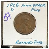 1928-D WHEAT PENNY CENT ROTATED DIES