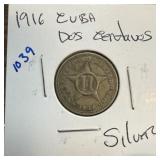 1916 CUBA 2 CENTAVOS SILVER