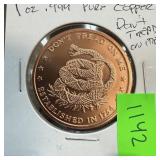 1 OZ .999 PURE COPPER BULLION RD DONT TREAD ON ME