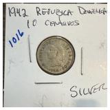 1942 SILVER 10 CENTAVOS DOMINICAN REPUBLIC