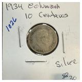 1934 COLUMBIA 10 CENTAVOS SILVER