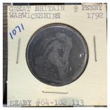 1792 1/2 PENNY GREAT BRITAIN WARWICKSHIRE
