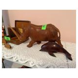 LARGE RHINO CARVED WOOD SCULPTURE / DOLPHIN LARGE RHINO CARVED WOOD SCULPTURE / DOLPHIN