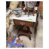 2PC ANTIQUE MARBLE TOP LYRE HARP END TABLES 2PC ANTIQUE MARBLE TOP LYRE HARP END TABLES