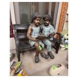 LARGE BRONZE SCULPTURE KIDS READING ON BENCH LARGE BRONZE SCULPTURE KIDS READING ON BENCH