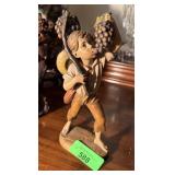 LARGE CARVED WOOD BOY WITH GRAPES SCULPTURE LARGE CARVED WOOD BOY WITH GRAPES SCULPTURE