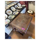 CARVED WOOD PANEL GLASS TOP COFFEE TABLE NOTE