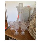 VINTAGE FROSTED GLASS ENAMELED CORDIALS SET