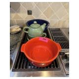 VINTAGE POTTERY FLAME ORANGE BOWL / TEAPOT +