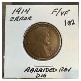 1914 WHEAT PENNY CENT ERROR ABRAIDED DIE