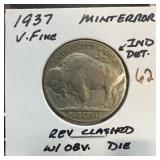 1937 BUFFALO NICKEL REV CLASHED DIE OBV ERROR