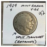 1929-S BUFFALO NICKEL SPLIT PLANCHET RETAINED