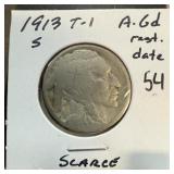 1913-S TYPE 1 SCARCE BUFFALO NICKEL