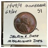 1949/9 WHEAT PENNY CENT MINT ERROR DOUBLE RIM