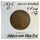 1925-D WHEAT PENNY CENT ABRAIDED REV DIE
