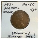 1921 WHEAT PENNY CENT STRUCK W ROTATED DIES