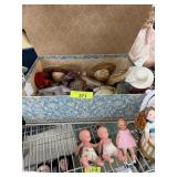 BOX OF MIXED DOLL HATS & SMALL BABY DOLLS