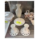 LOT OF MIXED MILK GLASS CANDLE STICKS / VASE