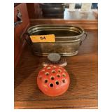 VINTAGE POTTERY FLOWER FROG / BRASS PLANTER