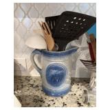 ANTIQUE SALT GLAZE PITCHER W UTENSILS