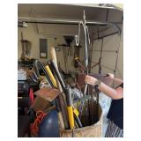 LARGE BIN OF MIXED YARD TOOLS / PLANTER HANGER