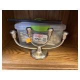 BURNISHED CANDELABRA W CANDLES W BRASS PLATE