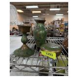 3PC VINTAGE ENAMELED BRASS VASE CANDLE HOLDER +