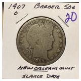 1907-O BARBER SILVER HALF DOLLAR SCARCE DATE