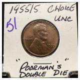 1955/5 UNC WHEAT PENNY CENT POORMANS DOUBLE DIE