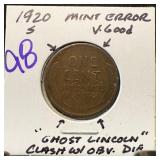1920-S WHEAT PENNY CENT GHOST LINCOLN