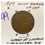 1929-S WHEAT PENNY CENT GHOST LINCOLN ERROR