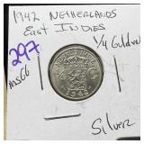 1942 NETHERLANDS EAST INDIES 1/4 GULDEN SILVER