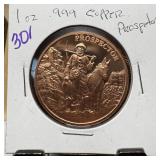 1 OZ .999 COPPER BULLION ROUND PROSPECTOR