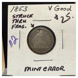 1853 SEATED LIBERTY SILVER DIME STRUCK THRU