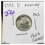 1943-D MERCURY SILVER DIME HIGH GRADE