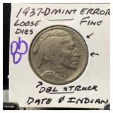 1937-D BUFFALO NICKEL MINT ERROR DOUBLE STRUCK