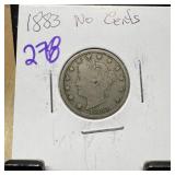 1883 LIBERTY V NICKEL NO CENTS