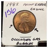 1982 MEMORIAL PENNY CENT OCCLUDED GAS BUBBLES UNC