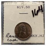 1937-D WHEAT PENNY CENT HIGH GRADE RAINBOW
