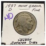 1937-D BUFFALO NICKEL MINT ERROR ROTATED DIES